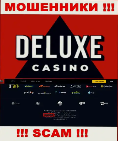 Сведения о юридическом лице Deluxe Casino у них на официальном сайте имеются - это BOVIVE LTD