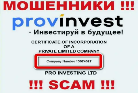 Регистрационный номер мошенников ProvInvest Org, приведенный у их на официальном информационном сервисе: 13074027