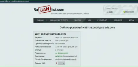 Информационный портал БудриганТрейд Ком в пределах Российской Федерации был заблокирован Генпрокуратурой