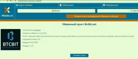 Информационная публикация об обменнике БТЦБит на сайте xrates ru