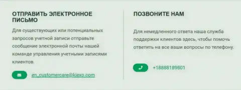 Телефон и электронный адрес брокерской компании KIEXO