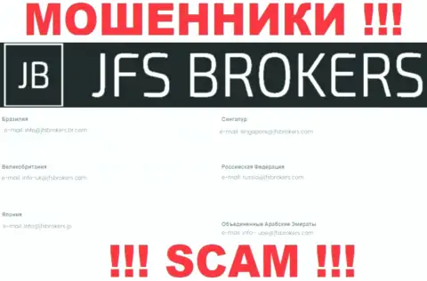 На веб-ресурсе JFS Brokers, в контактных сведениях, предоставлен е-майл данных ворюг, не советуем писать, обманут