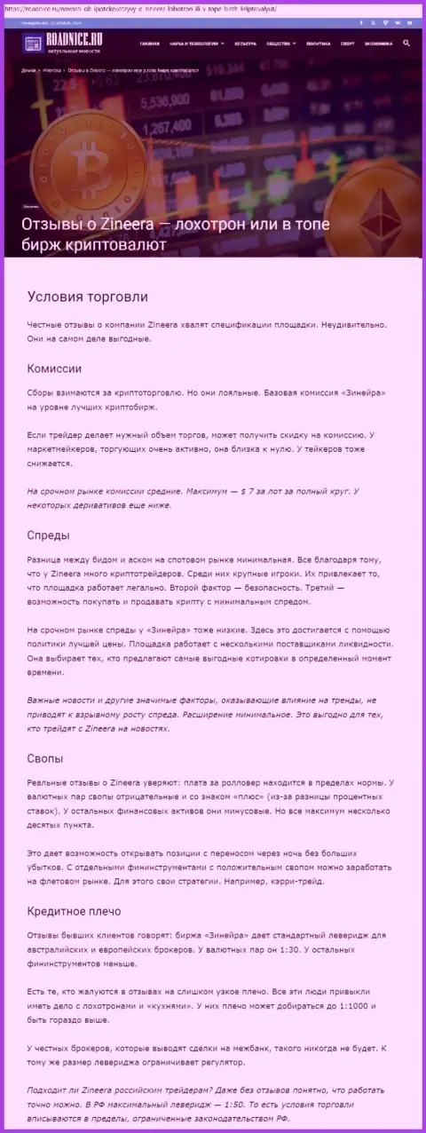 Условия совершения торговых сделок, описанные в информационной публикации на веб-сайте Roadnice Ru