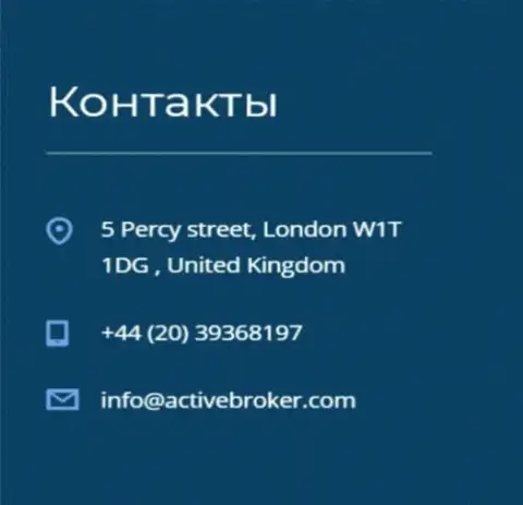 Адрес центрального офиса форекс брокерской компании АктивБрокер, размещенный на официальном сайте этого FOREX дилера